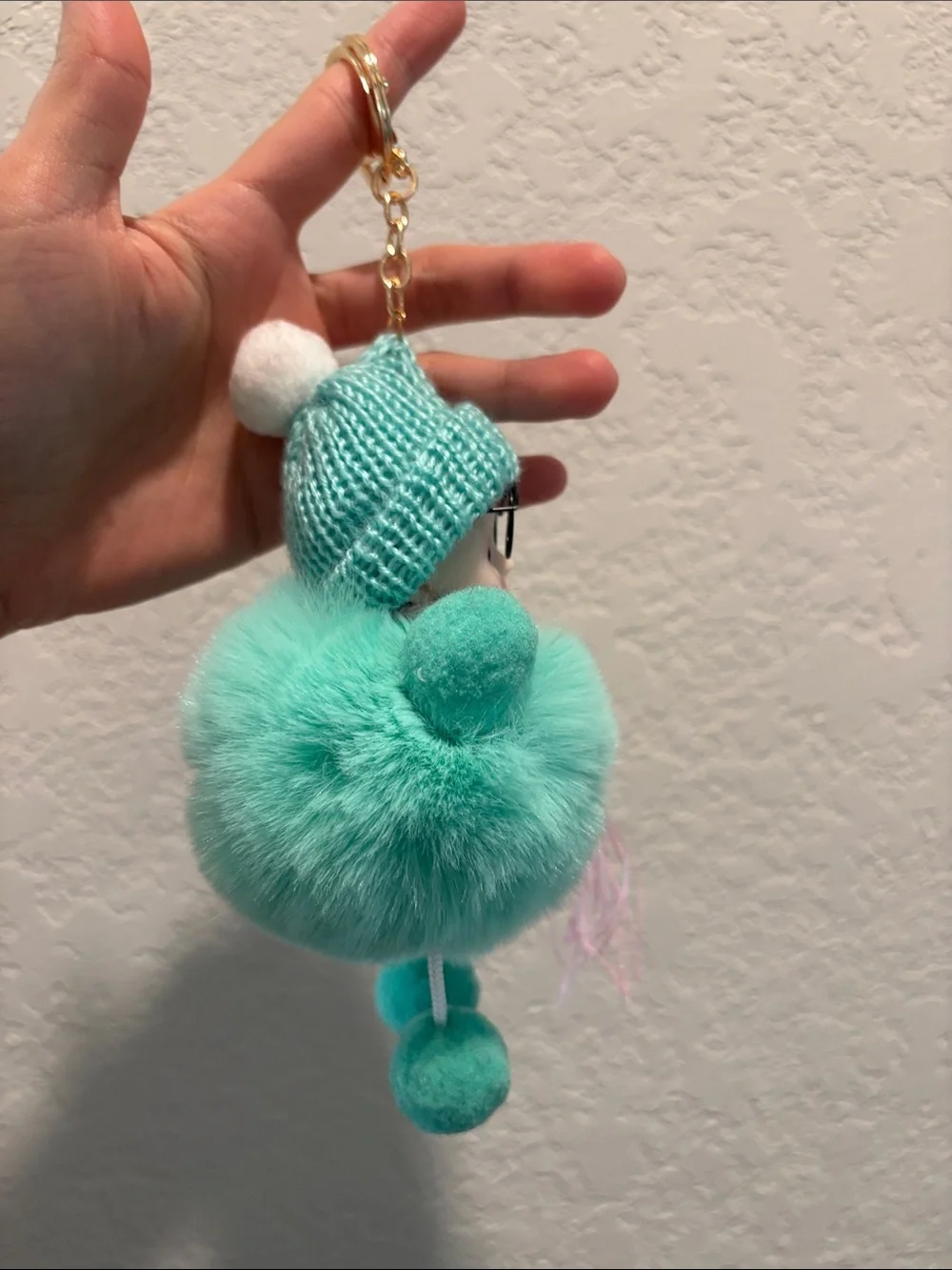 NWOT Plush Pom-Pom Doll Keychain - Mint with Pink Scarf